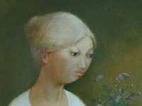 068  Girl &#38; Vase of Blue Flowers  - Oil on Gesso